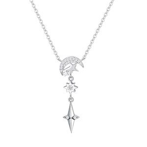 Crescent Moon Star Pave CZ .925 Silver Necklace